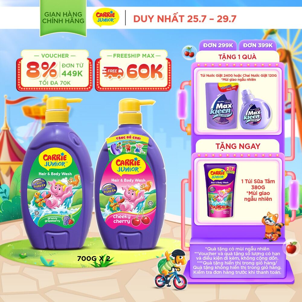 Combo 2 Sữa Tắm Gội cho bé Carrie Junior chiết xuất trái cây thiên nhiên (700g/chai): 1 Hương Grapeberry + 1 Hương Cherry
