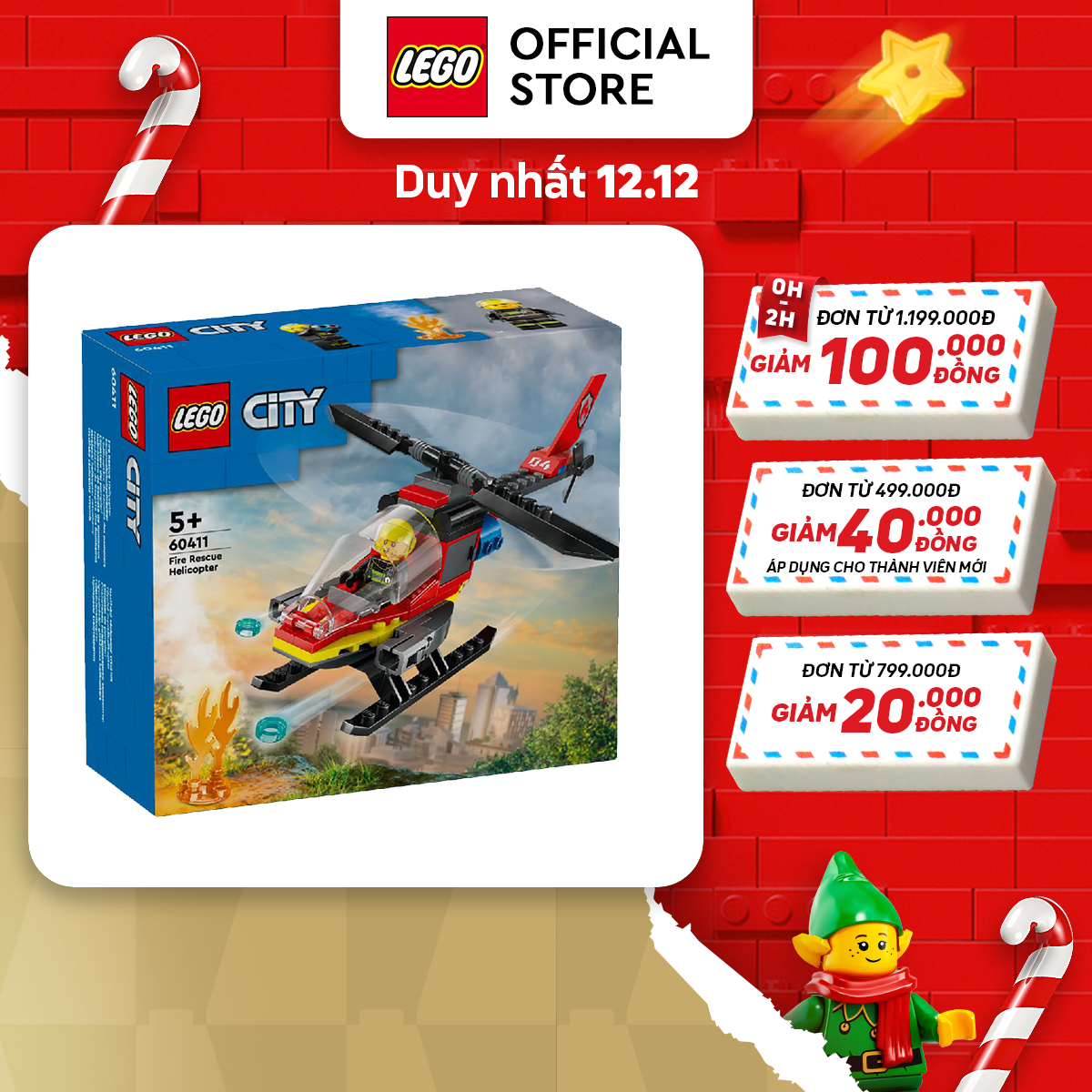 LEGO CITY 60411 Đồ chơi lắp ráp Trực thăng cứu hỏa (85 chi tiết)