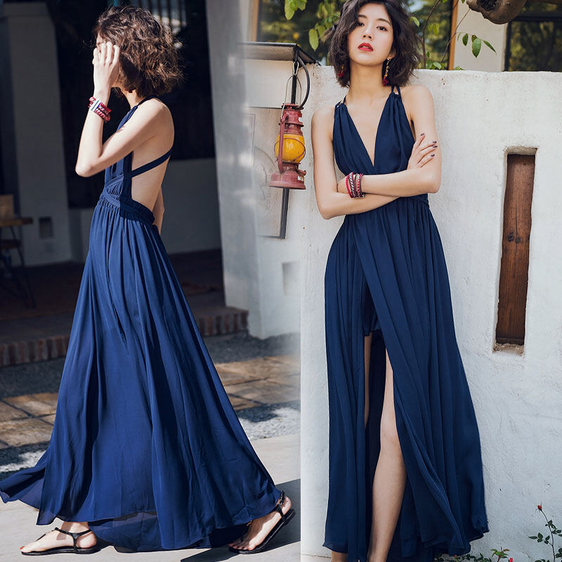 Váy Voan Hở Lưng Mùa Hè Mới Váy Dài Xẻ Tà Cổ Điển Đi Biển Váy Đi Biển Thon Gọn Váy Voan Không Tay Cổ Chữ V
