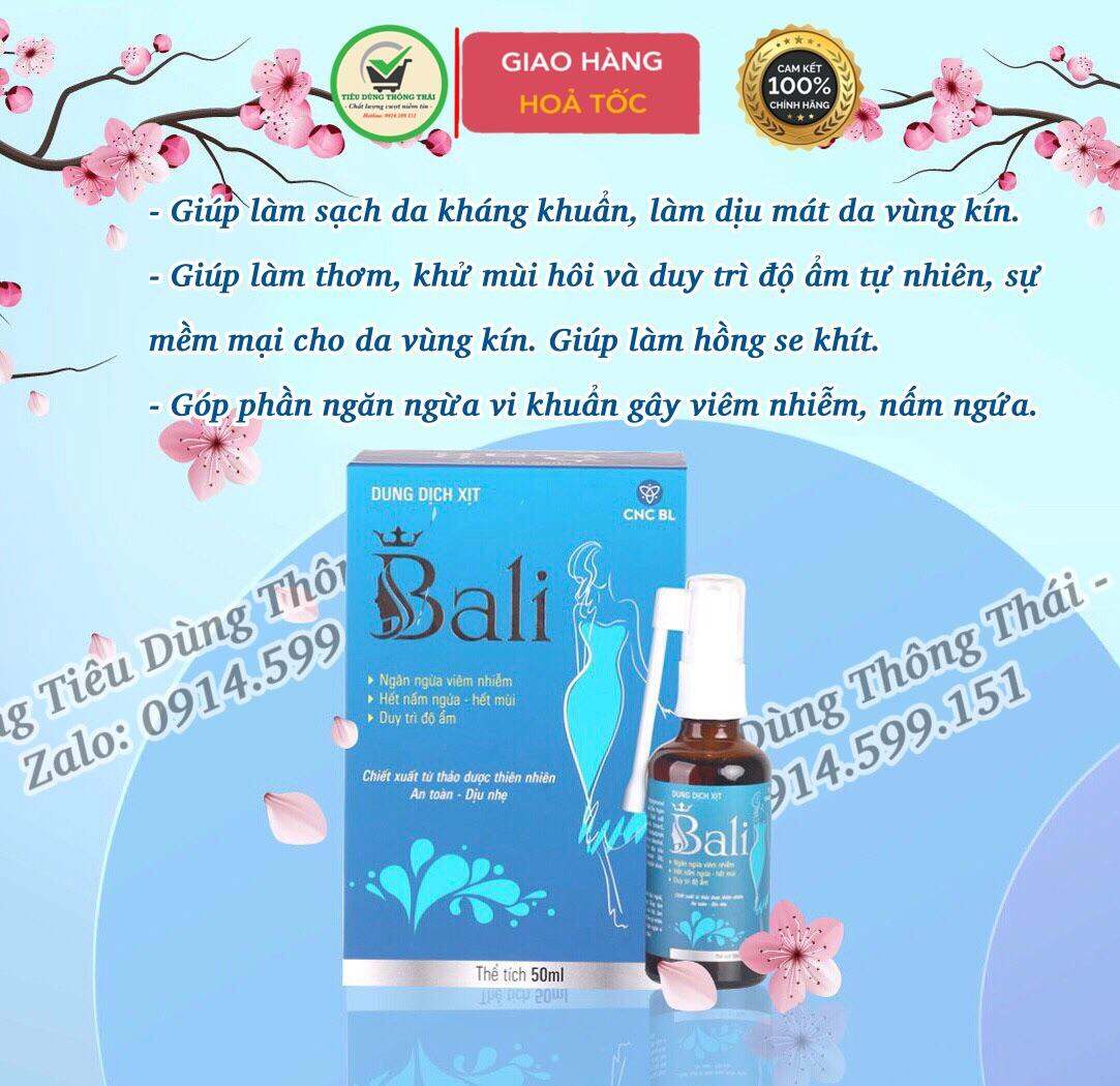 Dung dịch xịt phụ khoa Bali là loại dung dịch dạng xịt phụ khoa, vệ sinh vùng kín của phụ nữ. 50ml
