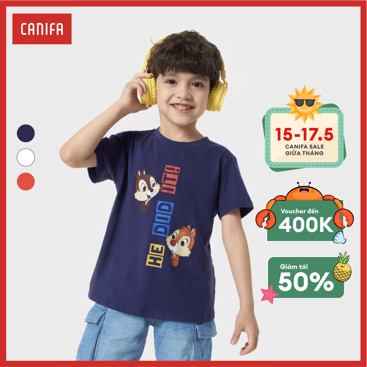 Áo phông unisex trẻ em in chip & dale canifa áo phông chất liệu 100% cotton cổ tròn tra bo tay cộc 3ts23s003