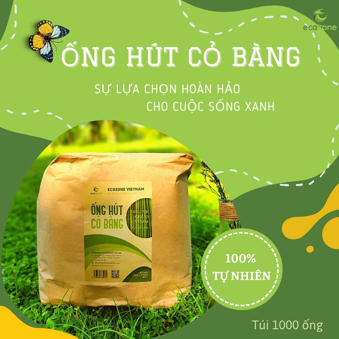 [CÓ BẢO HÀNH - DÀNH CHO QUÁN] Túi 1000 ống hút cỏ bàng khô 20cm Ecozone - Grass Straws Vietnam - Hàng xuất khẩu dùng cho đồ uống sinh tố, nước ép, nước ngọt, soda, cafe, nước hoa quả thân thiện với môi trường có thể tái chế