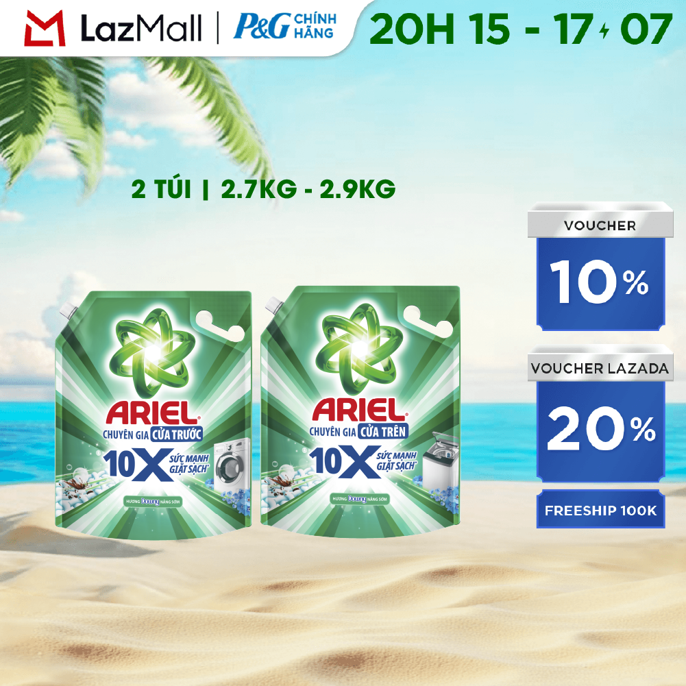 Combo 2 Nước Giặt Gel ARIEL 10X Sức Mạnh Giặt Sạch Chuyên Gia Cửa Trước - Cửa Trên Hương Downy Nắng Sớm Túi 2.7KG/ 2.9KG
