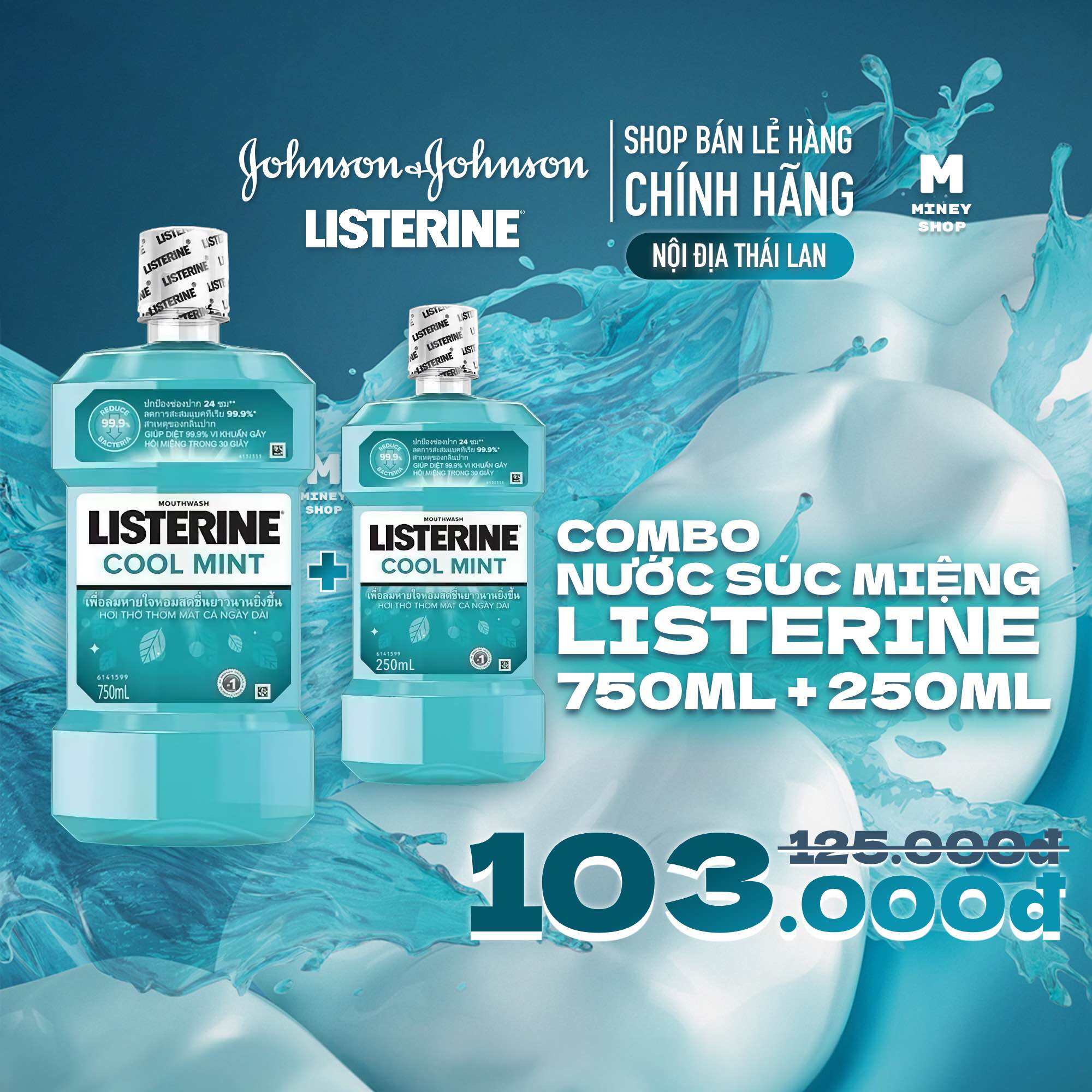 Nước Súc Miệng Listerine 750ml (tặng kèm chai 250ml) Thái