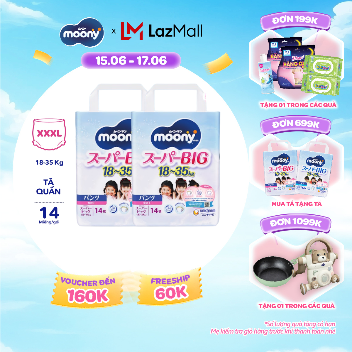 [SALE GIỮA THÁNG tặng QUÀ TO-SLCH] Combo 2 tã quần cao cấp Moony Bé Gái XXXL14 miếng - Nhập khẩu từ Nhật Bản