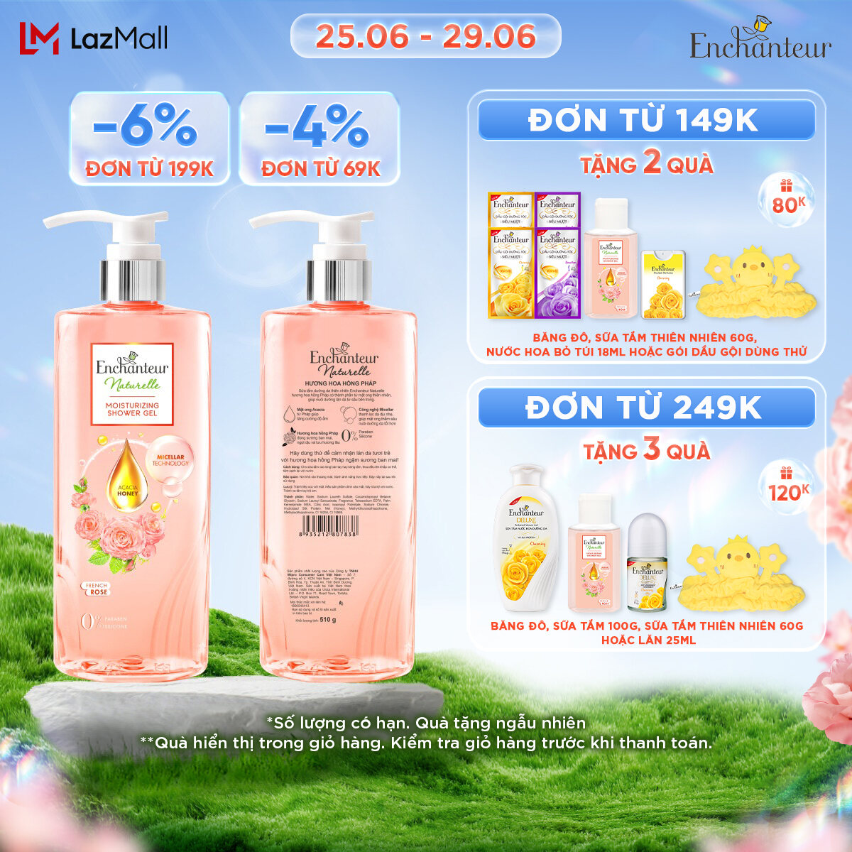 Sữa tắm dưỡng da Enchanteur Naturelle hương hoa hồng Pháp 510gr
