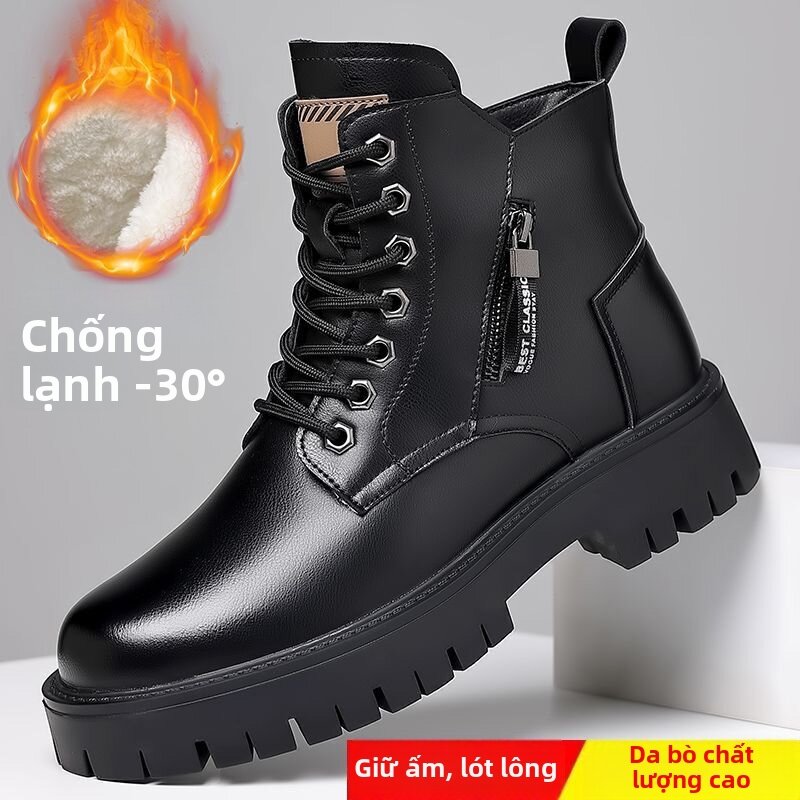 Warm Fleece Lined Genuine Leather High Top Casual Short Boots Soft Bottom Snow Boots Martin Boots Comfortable Winter Boots