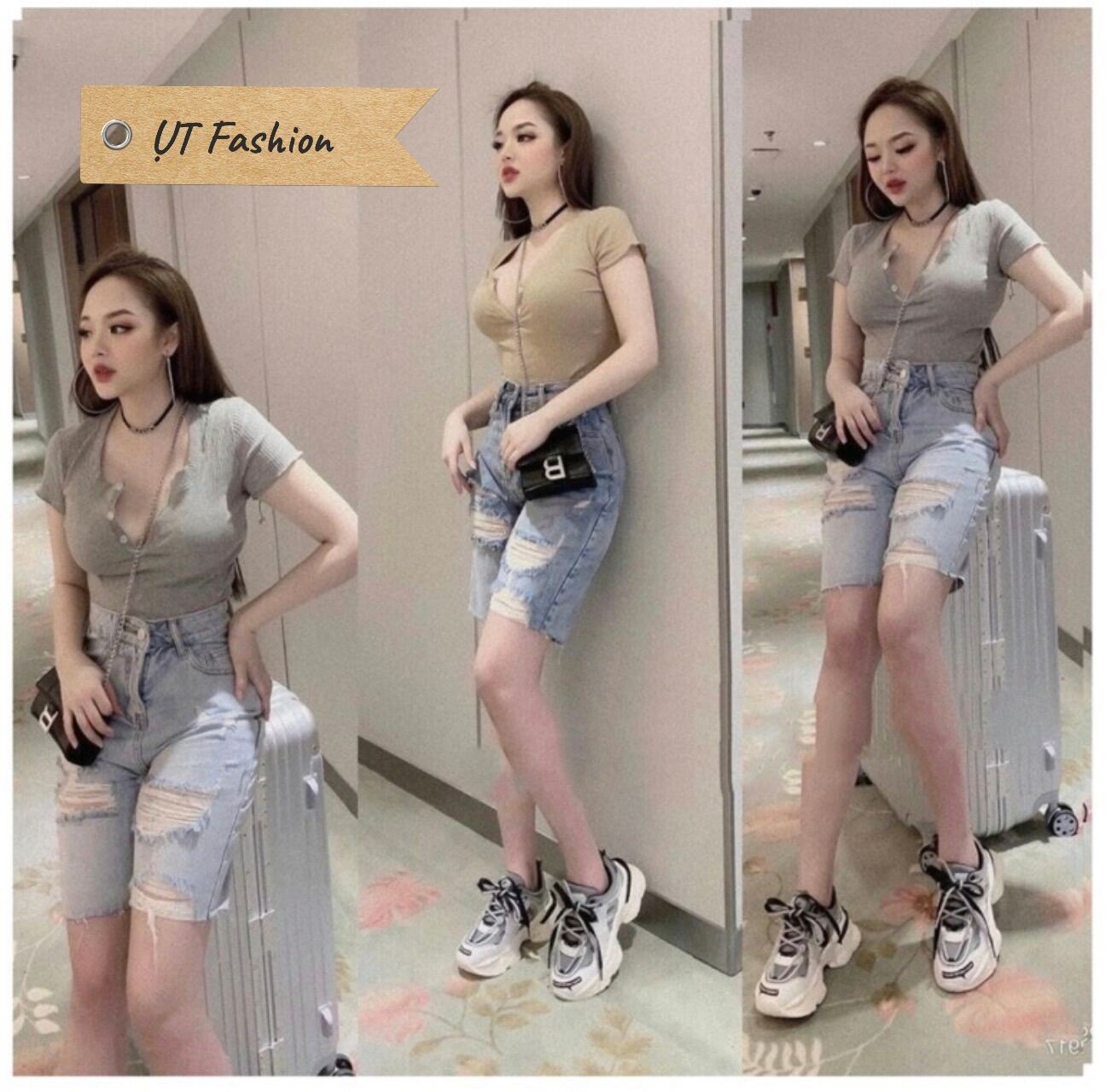 Quần short jean chất bò xanh lai tua rách kiểu phong cách fom nâng mông tôn dáng kiểu hottrend 2023