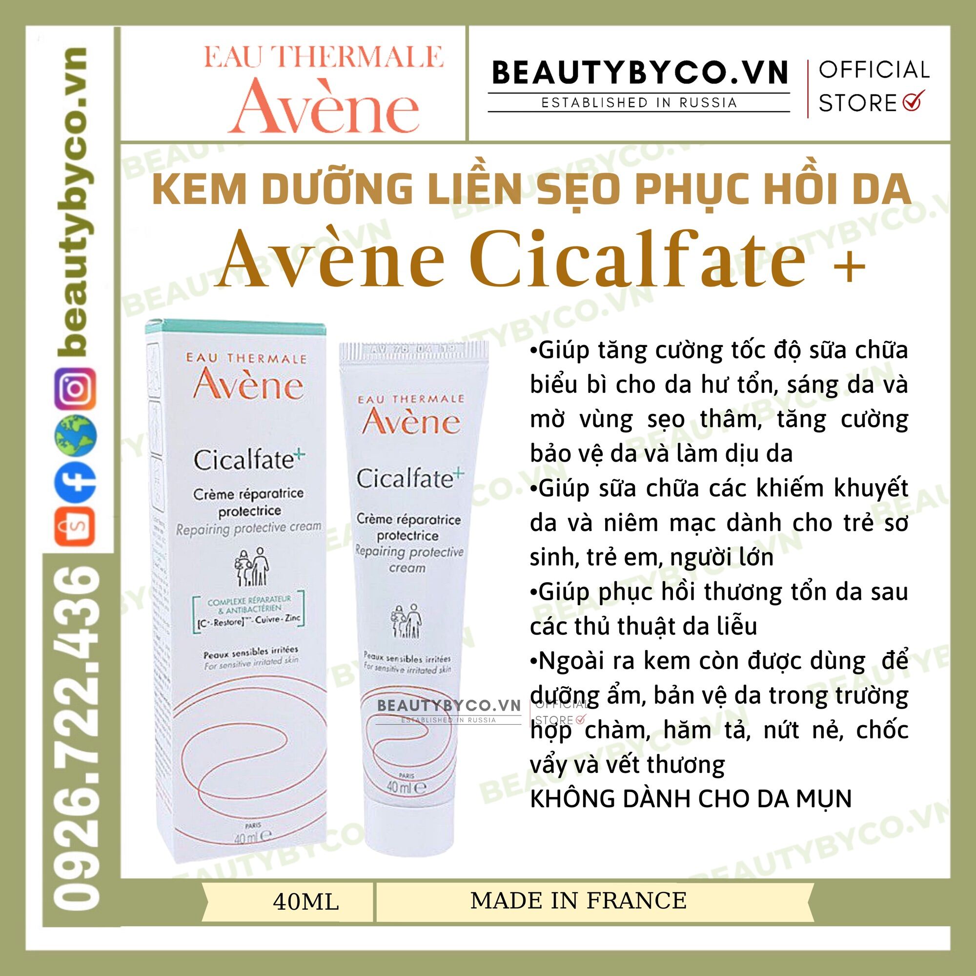 Avene Cicalfate+ Repairing Cream Phục Hồi Da Lành Vết Thương 40Ml