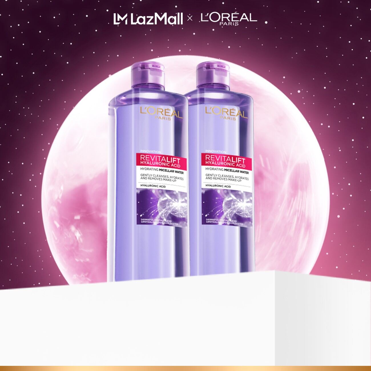 Bộ 2 Nước tẩy trang siêu cấp ẩm  giảm nếp nhăn L'Oreal Paris Pure Revitalift Hyaluronic Acid 1.5% 400ml x2