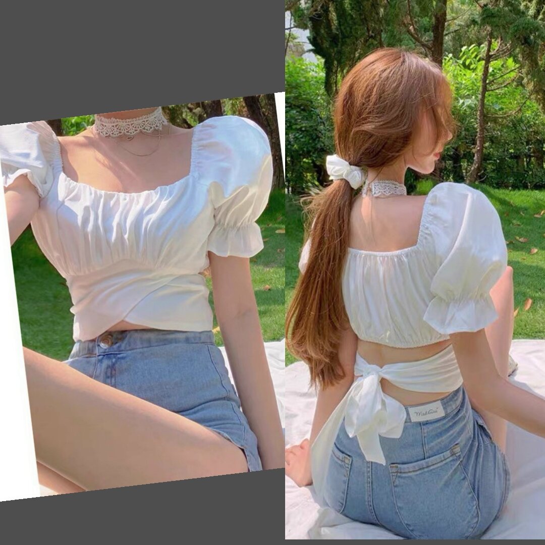 Áo Tay Phồng Dây Cột Eo Croptop