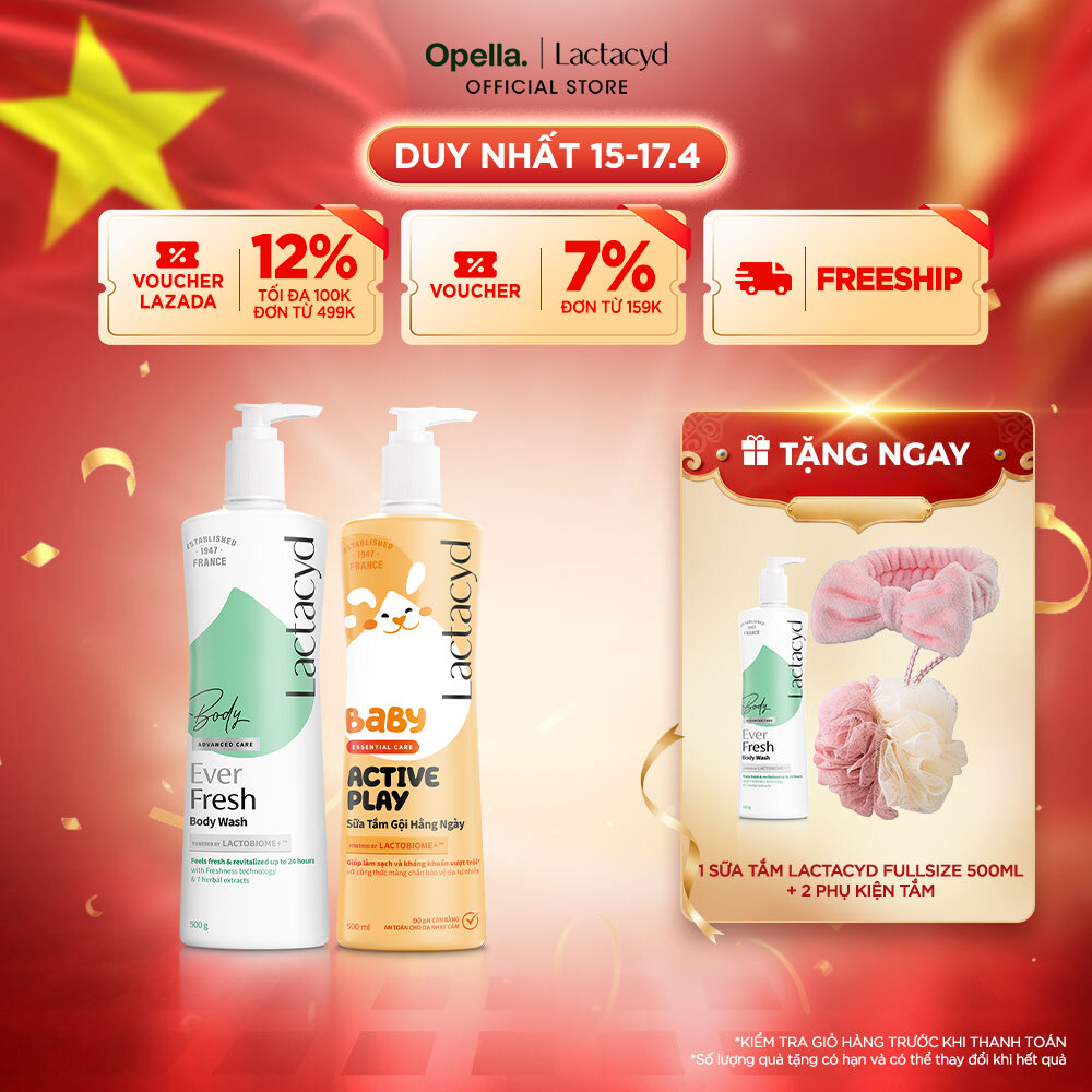 Bộ 1 Sữa tắm Lactacyd Ever Fresh mang lại làn da thơm mát và tràn đầy sức sống đến 24 giờ + 1 Sữa Tắm Gội Trẻ em Lactacyd Baby Active Play 500ml