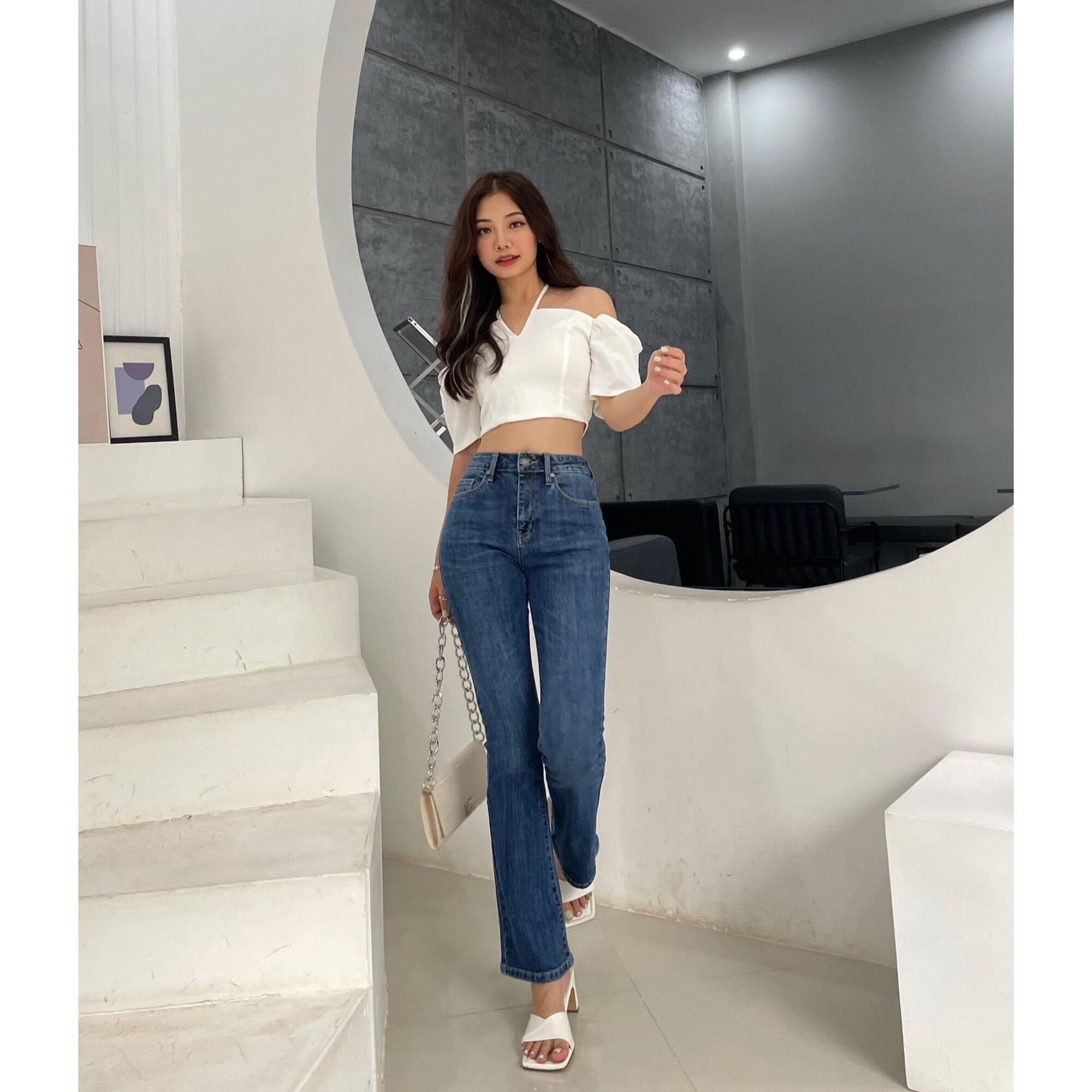 Quần jeans nữ ống loe dài lưng cao dáng đẹp LUCETFASHION Jeans loe dài
