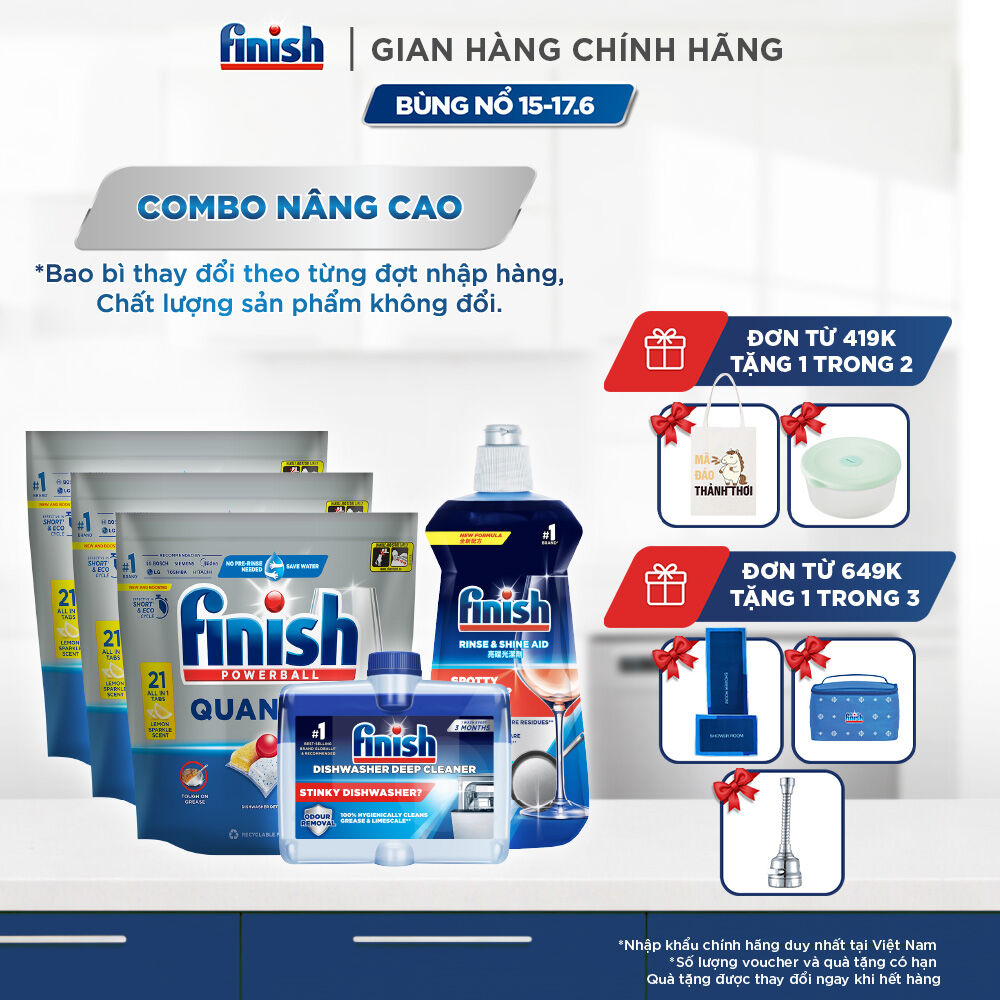 Combo Nâng Cao: 3 X Túi 21 Viên Nước Rửa Bát Powerball Quantum + Nước Làm Bóng Rinse  Shine Aid + Dung Dịch Tẩy Rửa Máy Rửa Chén Bát
