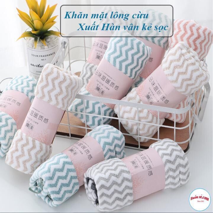 Khăn mặt lông cừu xuất hàn 50x35cm siêu thấm hút loại có dòng kẻ - bán lẻ 1 cái - khăn xuất hàn