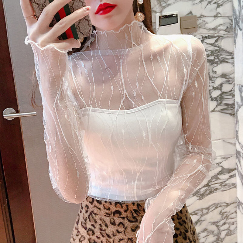 Áo mặc trong voan lưới phối bên trong gợi cảm xuyên thấu áo voan cổ cao vừa trong suốt ôm dáng mẫu mỏng cho nữ áo ren