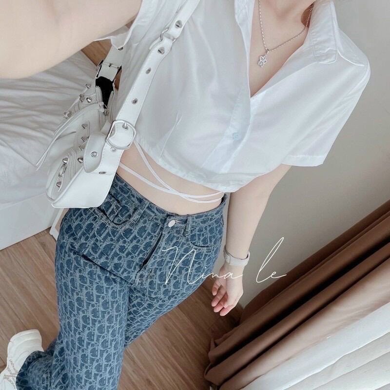 Áo sơ mi croptop kèm dây buộc eo cá tính