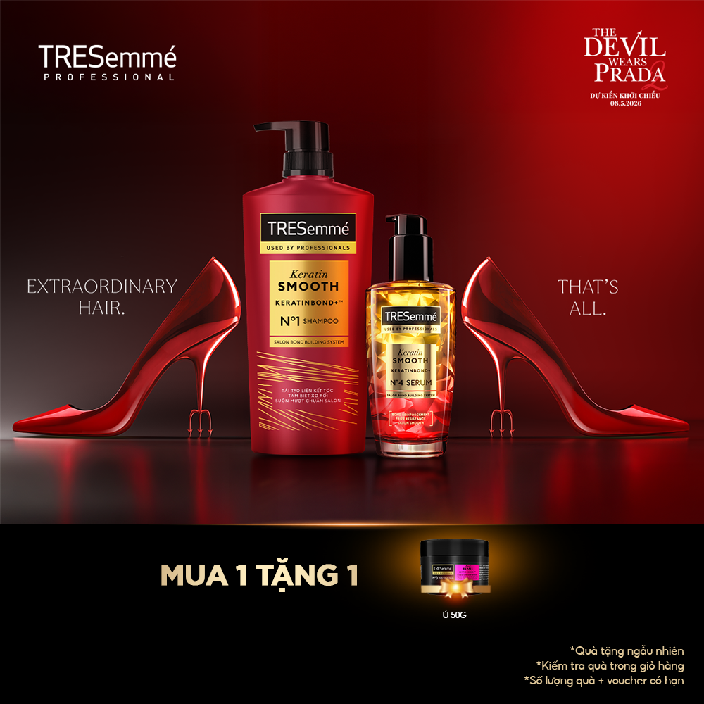 Combo Dầu Gội, Serum Dưỡng Tóc TRESemmé Keratin Smooth Keratinbond+ 850g, 100ml Cho Tóc Khô Xơ Rối Vào Nếp Suôn Mượt