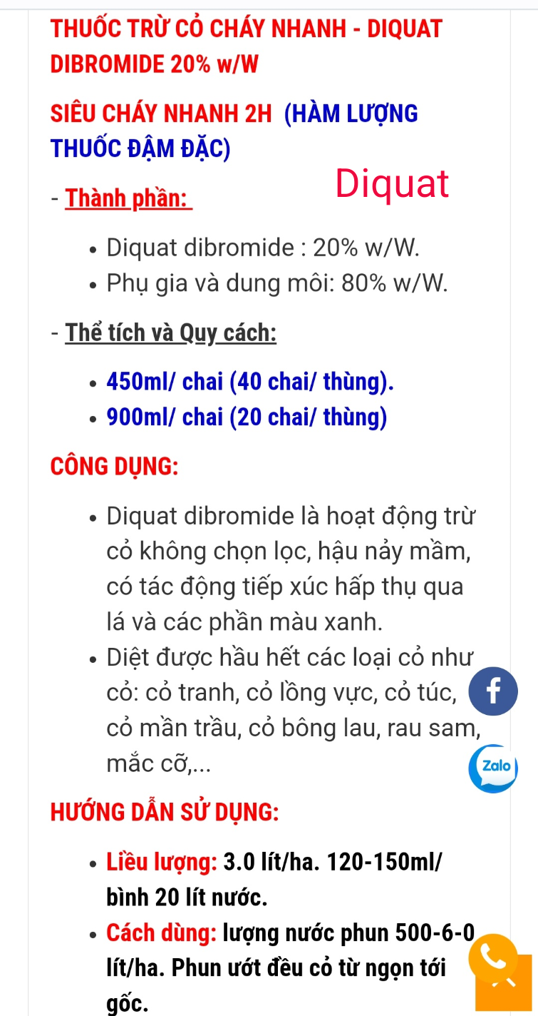 trừ cỏ cháy nhanh 2H - DIQUAT 200SL
 (450ml/ chai và 900ml/ chai)