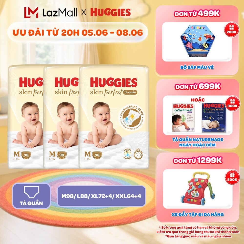 Combo 3 gói Tã quần Huggies Skin Perfect Mega Jumbo M98/L88/XL72+4/XXL64+4 miếng với 2 vùng thấm giảm kích ứng da