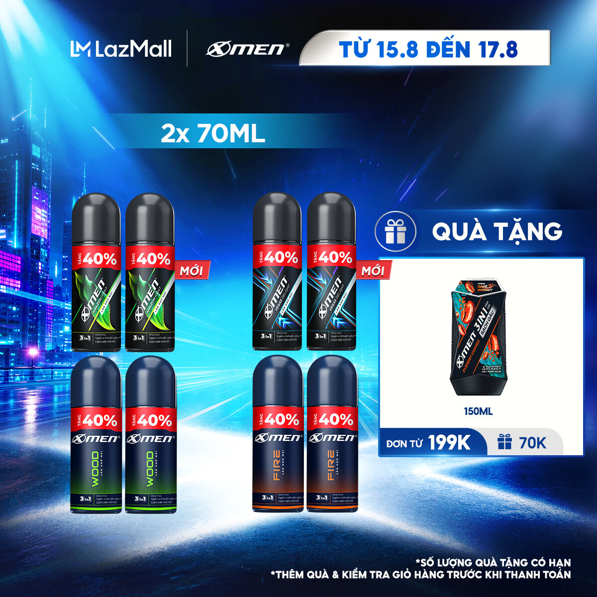 [TĂNG 40% DUNG TÍCH] Combo 2 Lăn khử mùi Xmen Wood 70ml/chai - Hương thơm nam tính