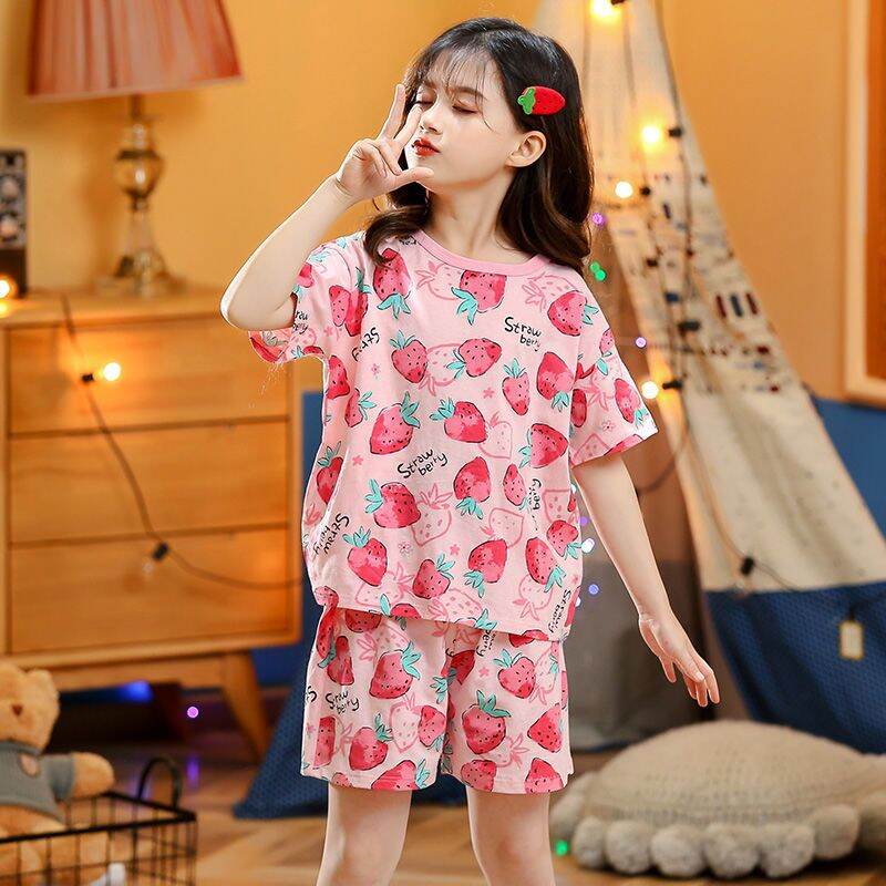 Bộ đồ ngủ ngắn tay trẻ em bộ đồ ngủ cotton bộ đồ mặc nhà bé gái mẫu mỏng mùa hè bộ đồ mặc nhà trẻ em tay ngắn bé gái