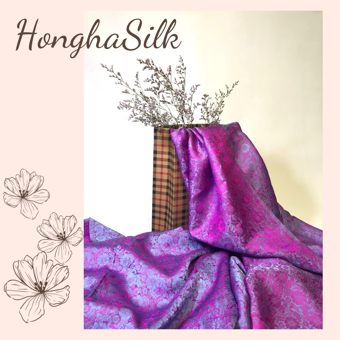 Vải lụa Tơ Tằm hoa Cúc Tím hồng may Áo Dài -khổ 90cm