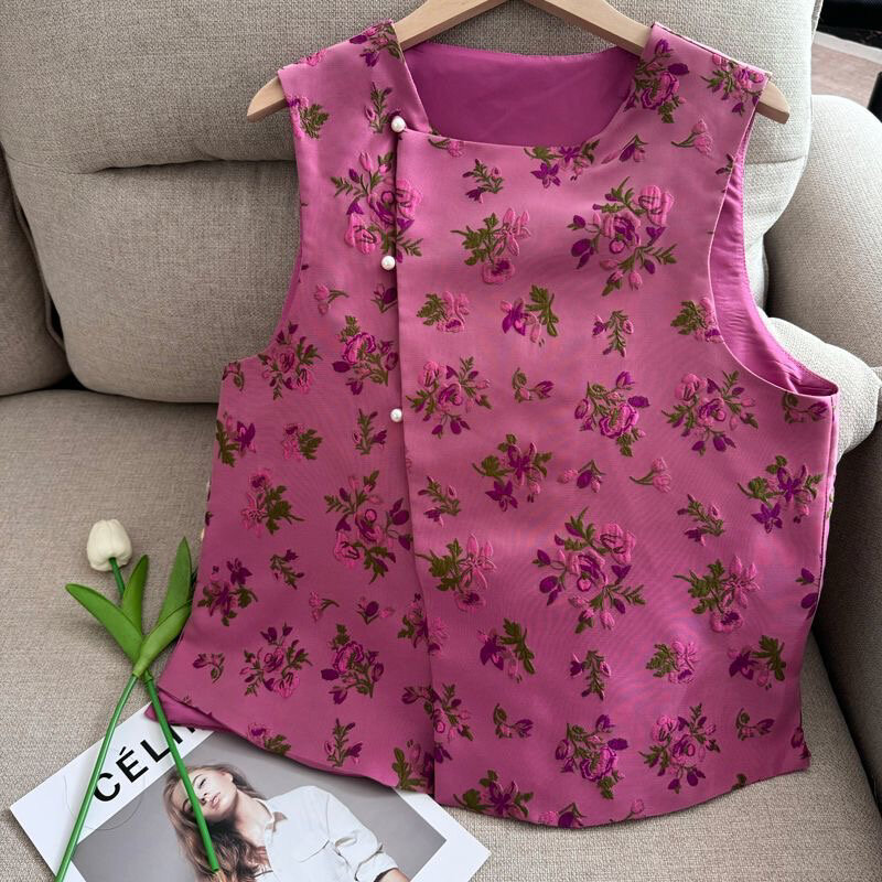 Áo Vest Ngắn Cổ Tròn Họa Tiết Hoa Màu Hồng Phong Cách Trung Hoa Mới Cho Nữ Mùa Hè Áo Sơ Mi Tagkita C
