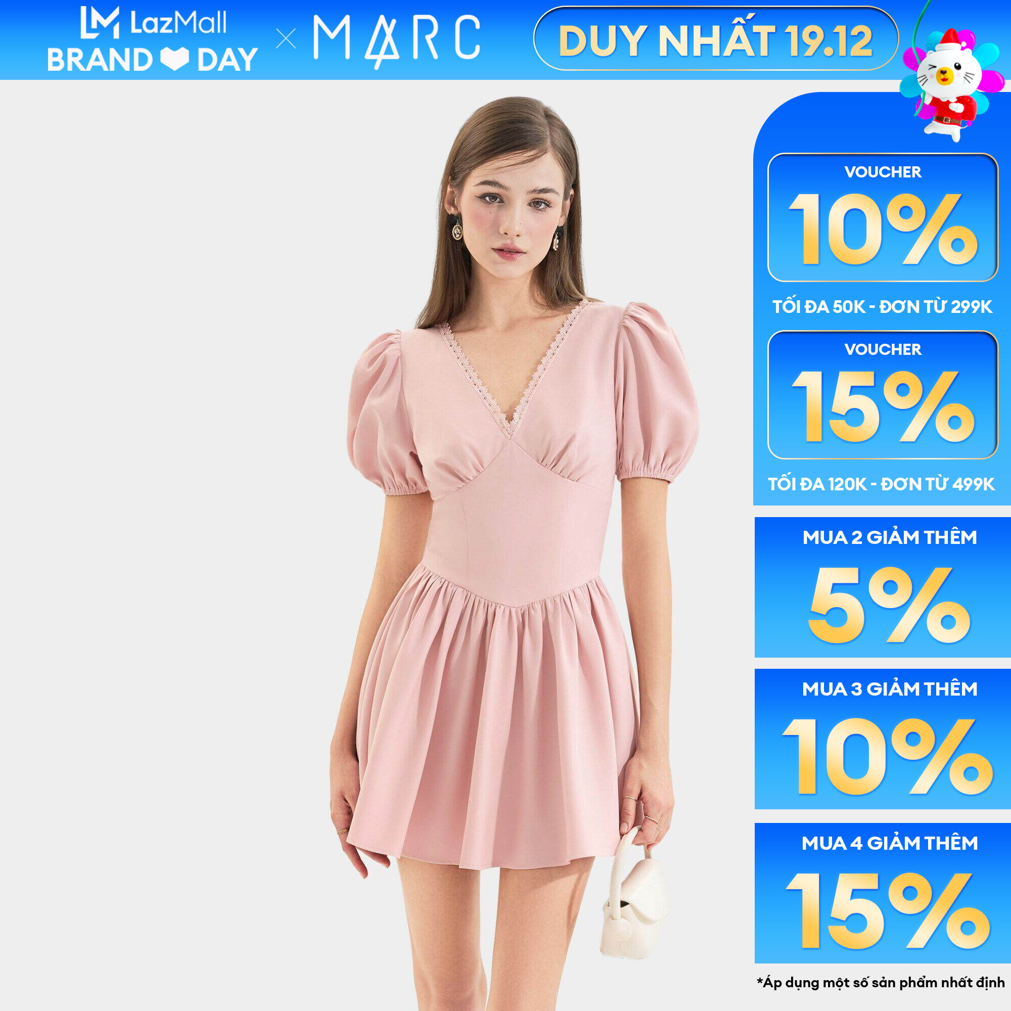 [CHỈ 19.12 | SIÊU VOUCHER 120K | MUA 4 GIẢM 15%] Đầm mini cổ tim viền ren tay phồng nhún thun nữ MARC FASHION CBNH082524