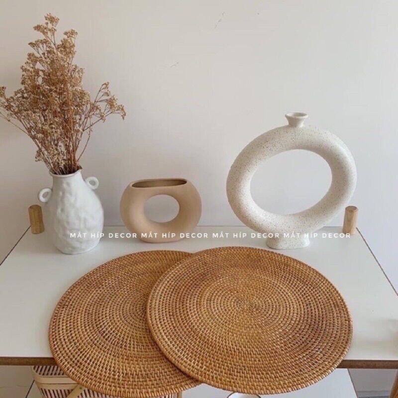 Đĩa mây/ Tấm lót mây dùng để decor bàn ăn, lót bình hoa, phụ kiện chụp ảnh Vintage Cói Xanh Thái Nam