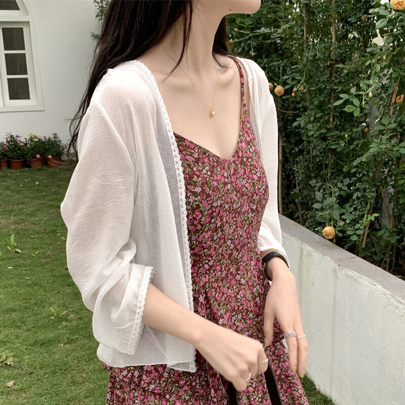 Áo Khoác Cardigan Ren Chiffon Rộng Rãi Mùa Hè Mới Mỏng Đi Biển Cho Nữ Áo Khoác Ngoài Ngắn Nhỏ Thời T