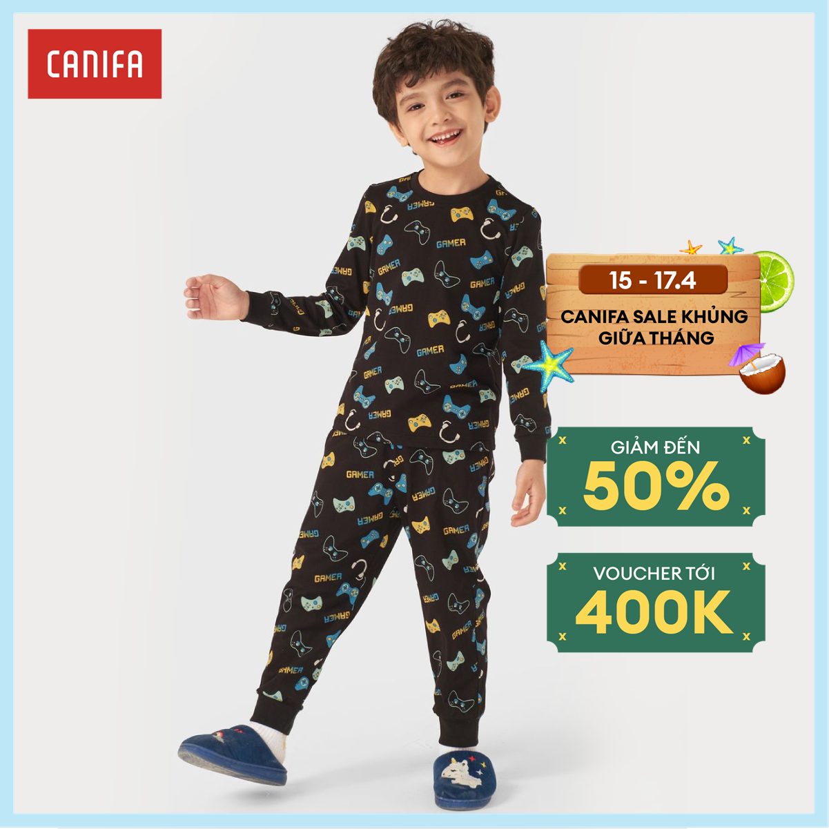 Bộ quần áo mặc nhà bé trai hoạ tiết canifa bộ mặc nhà chất liệu 100% cotton, áo dài tay quần dài 2ls22w020