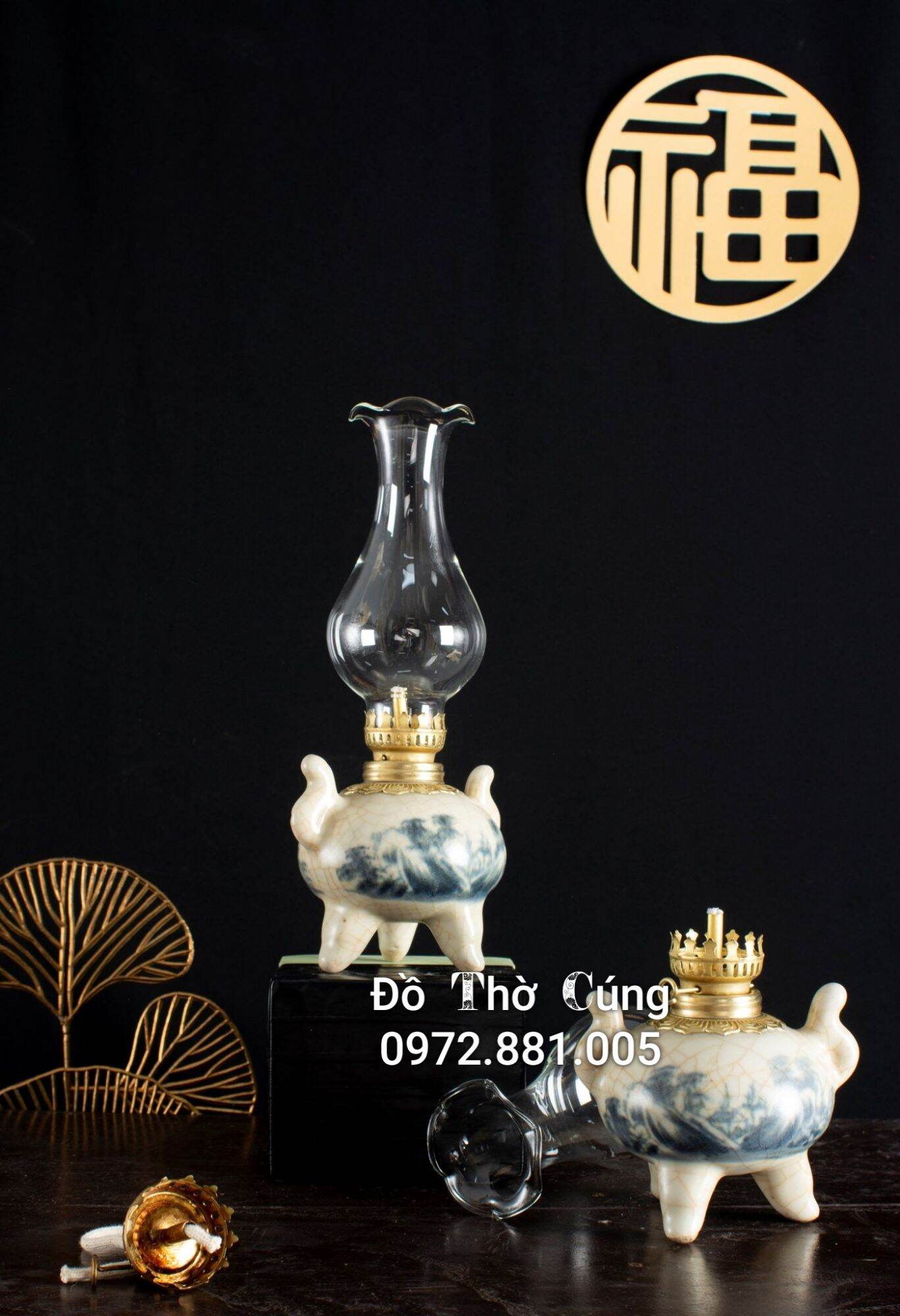 Đèn thờ , Đèn dầu men rạn cổ bọc đồng Bát Tràng cao cấp