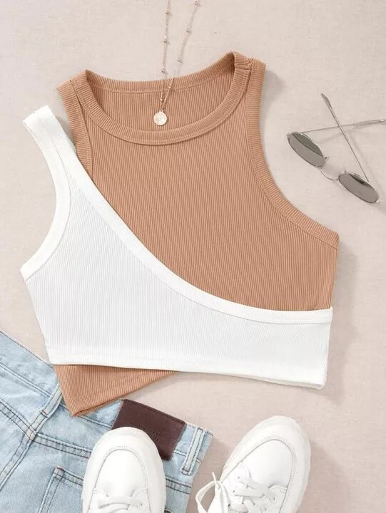 Áo croptop tà xéo mix Áo Trắng lệch vai