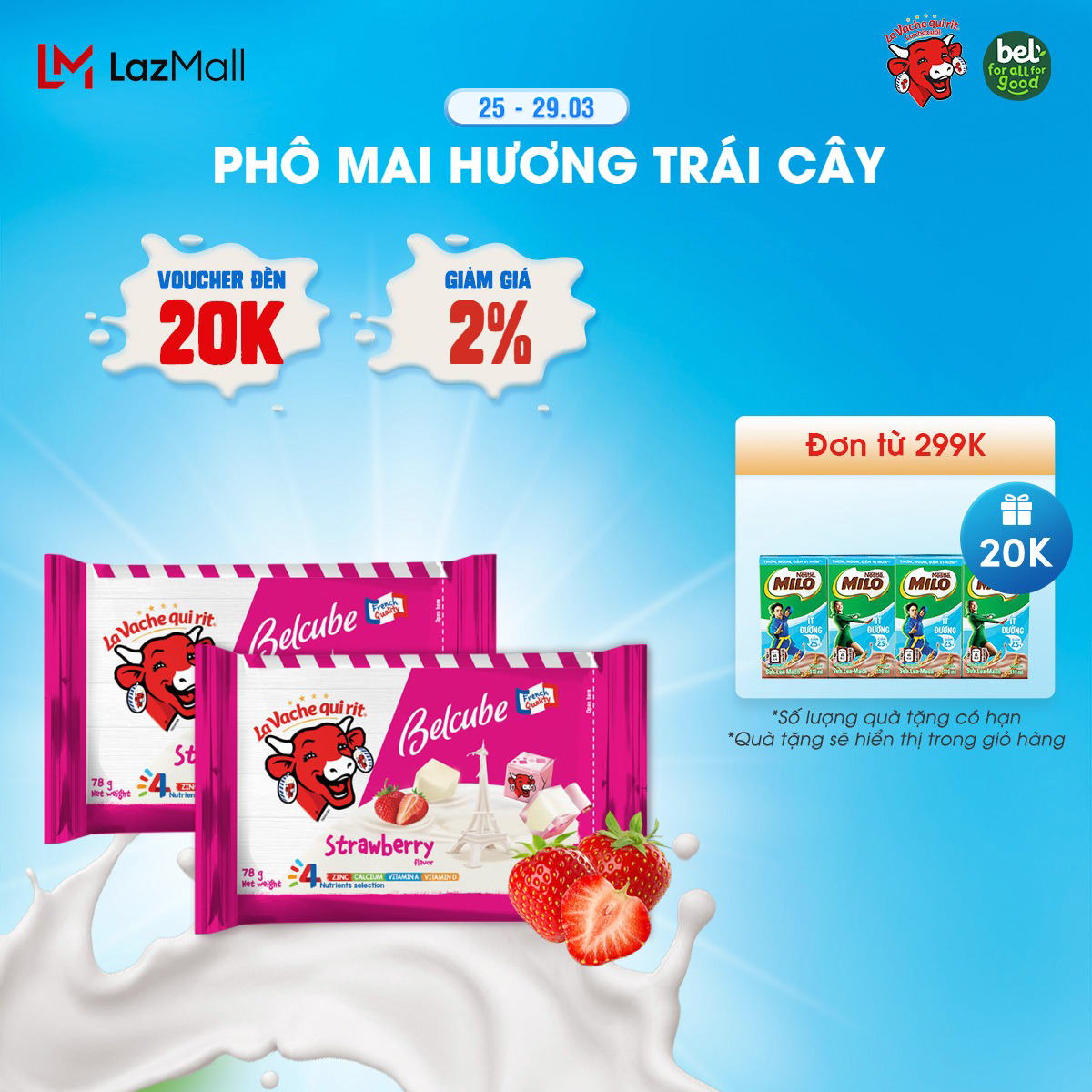 Combo 2 Phô mai vuông Belcube ngọt vị Dâu 78G x 15C