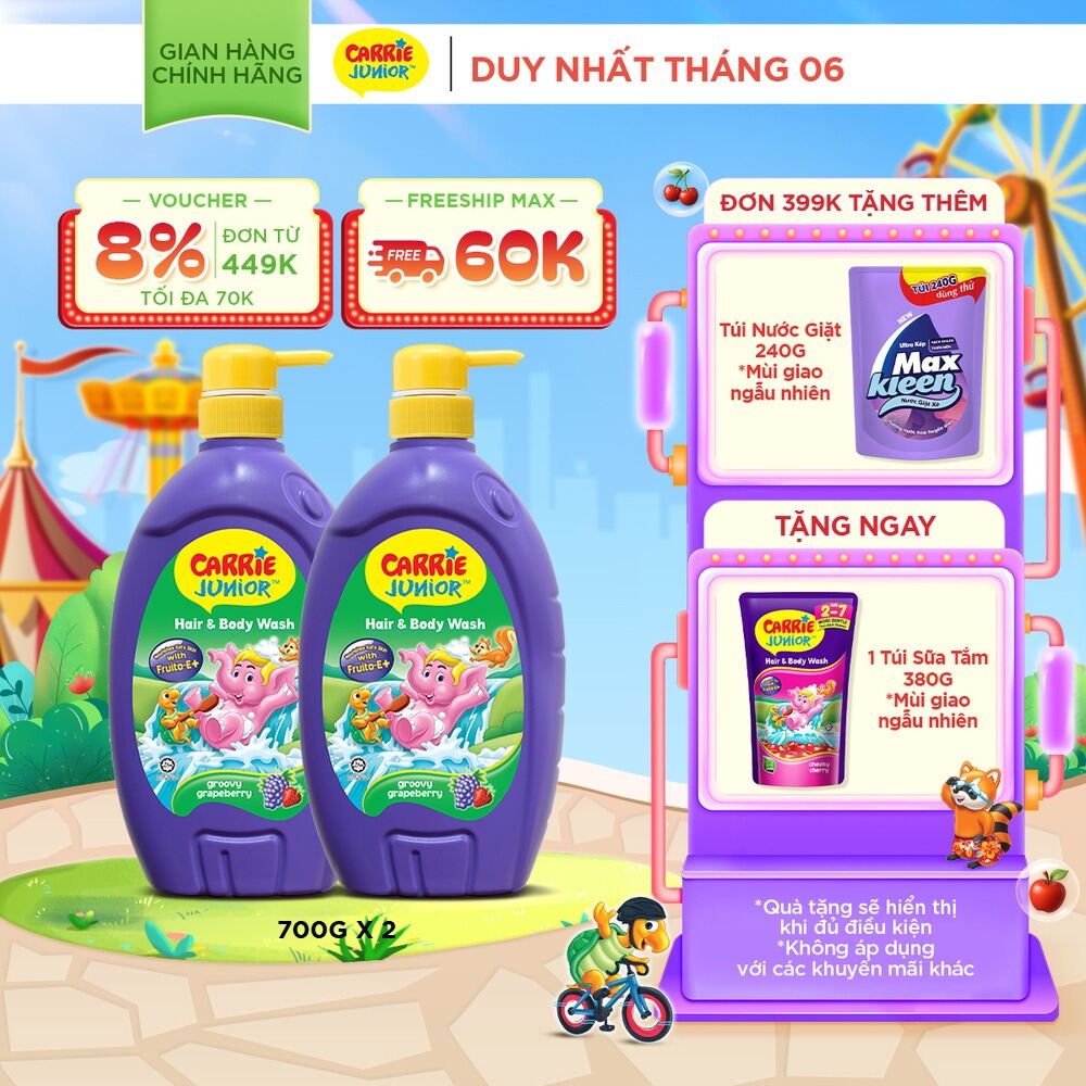Combo 2 Sữa Tắm Gội cho bé Carrie Junior chiết xuất trái cây thiên nhiên Hương Grapeberry (700g/chai)
