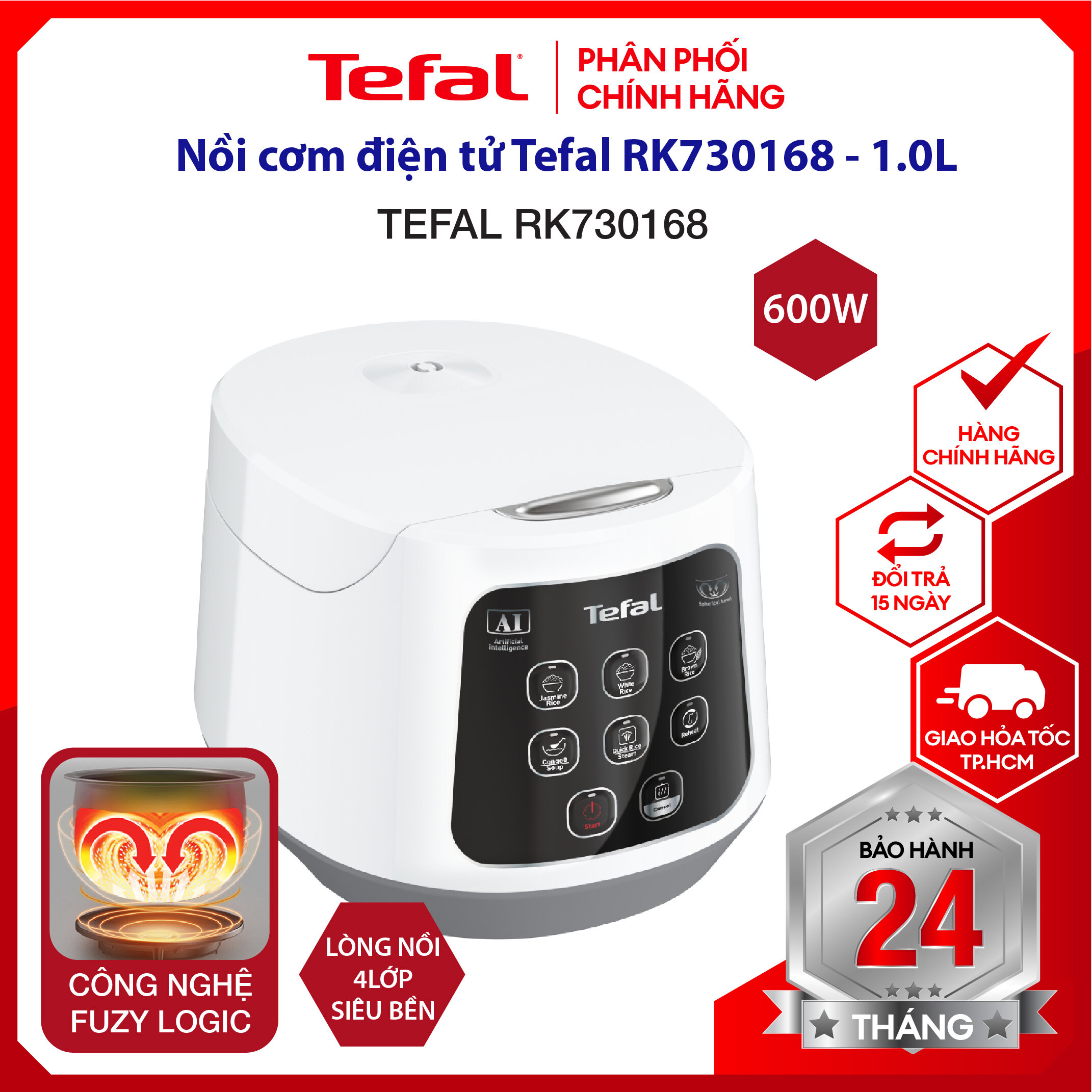 Nồi cơm điện tử, nồi cơm cao tần Tefal RK730168 - 1.0L - 600W - Lòng nồi niêu phủ nhôm chống dính - Giữ ấm lên đến 12 tiếng - Hàng chính hãng, Bảo hành 2 năm