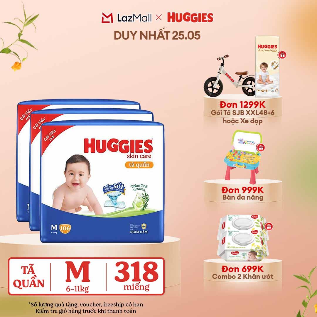 [CHỈ 25-29.05 GIẢM THÊM 90K]  Combo 3 Gói Tã/bỉm quần HUGGIES SKINCARE MEGA JUMBO size M106 miếng/ M102+4 miếng