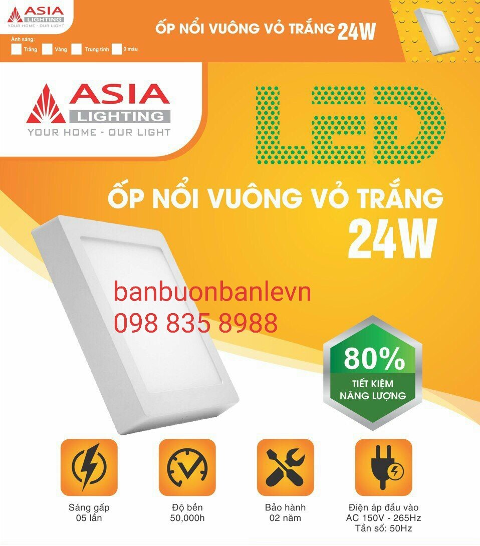 Đèn LED ốp nổi  mặt phẳng màu trắng vuông 24w Asia