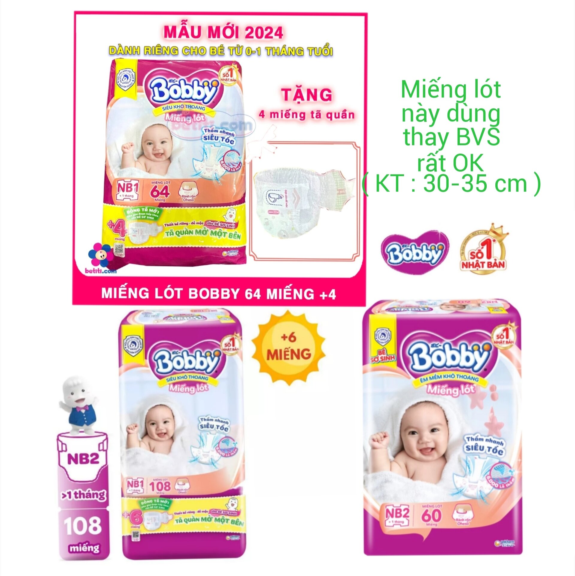 HCM 🇻🇳 Miếng lót sơ sinh BOBBY dùng chung tã vải cho bé dưới 5kg size NB1-108+6 / NB1-64+4 / NB2-