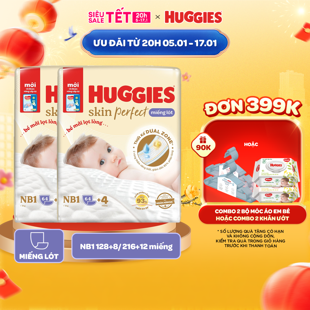 Combo 2 gói Miếng lót sơ sinh Huggies Skin Perfect 2 vùng thấm giảm kích ứng da NB1 64+4/NB1 108+ miếng