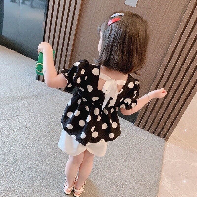 Set áo chấm bi nơ sau lưng bé gái