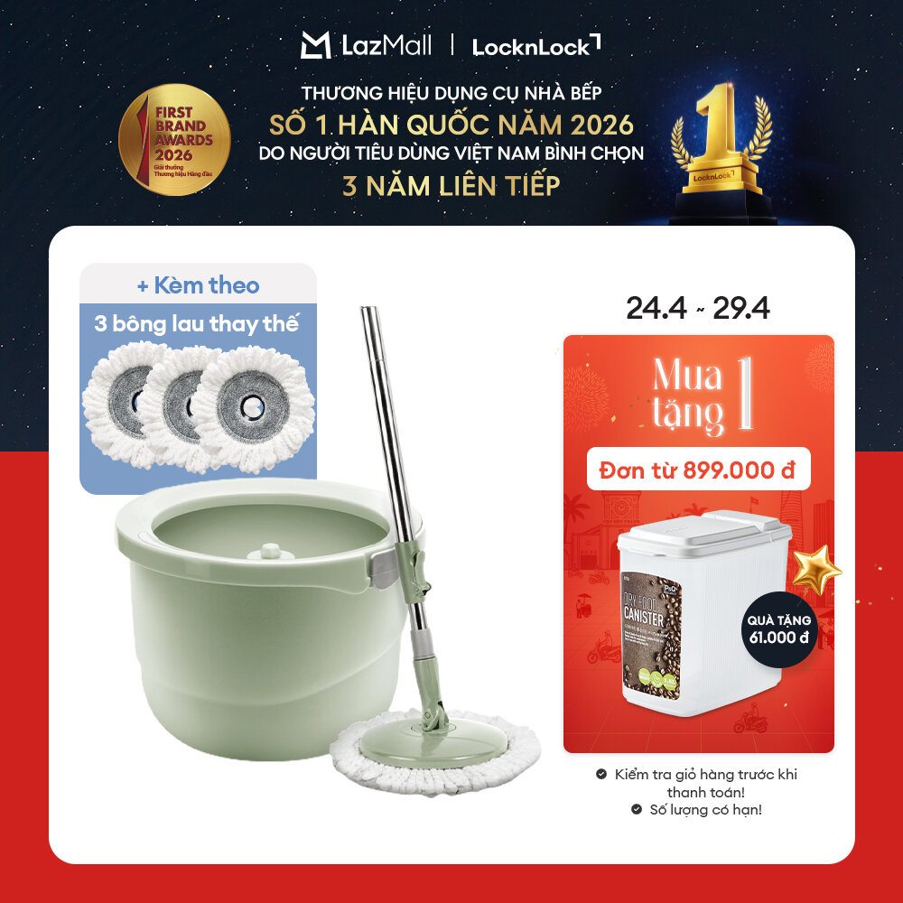 Bộ cây lau nhà vắt tự động mini LockLock ETM498MITS2 - Màu xanh mint - Nhựa PP cao cấp - Thép không gỉ - Tặng 3 miếng bông lau thay thế