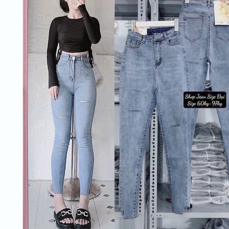 Set Jeans dài co giãn rách gấu PT + Áo tay dài rút dây 2 bên