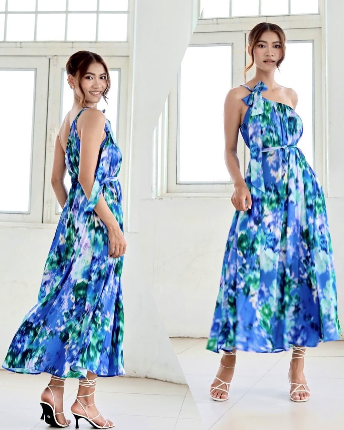 Đầm maxi lụa lệch vai hoa văn Infashion