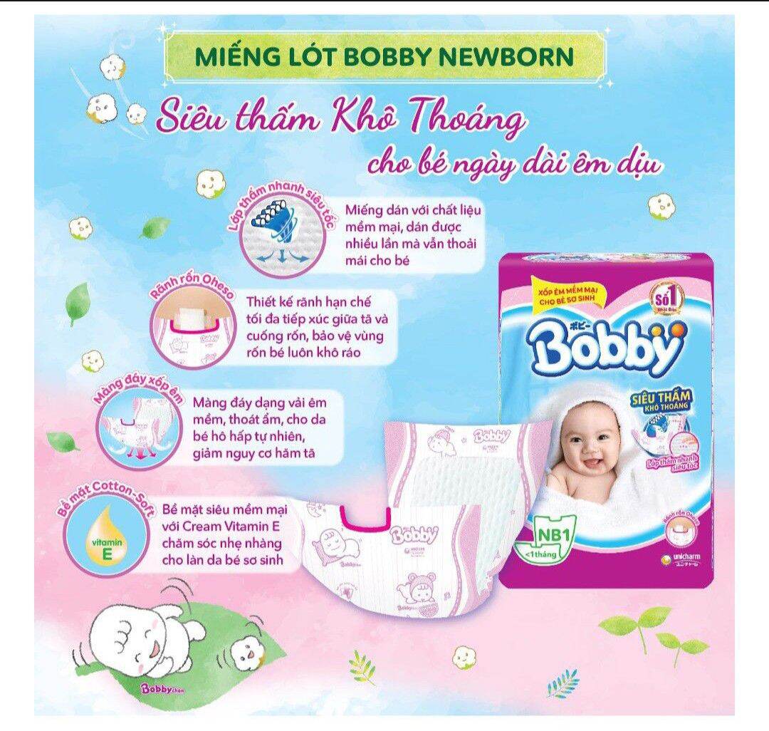 [Tặng 9 Miếng XS] Miếng Lót Siêu Thấm Bobby Newborn 1 - 108 Miếng (Dưới 5kg)