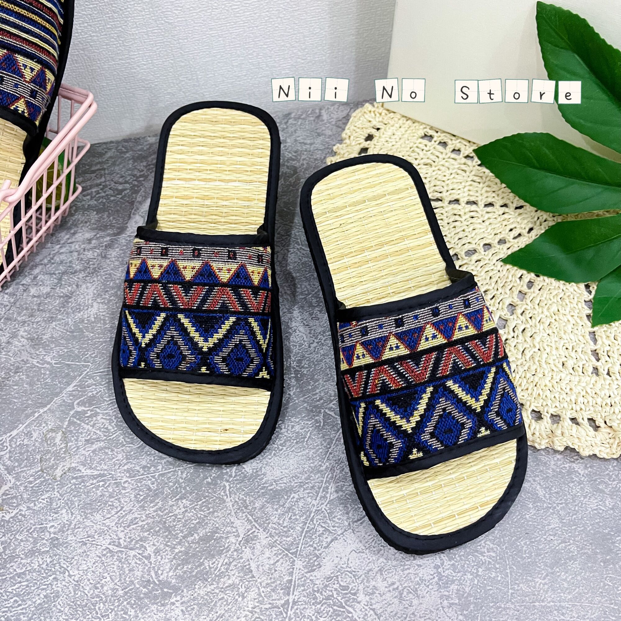[ND025] Dép chiếu thổ cẩm xanh quai ngang
