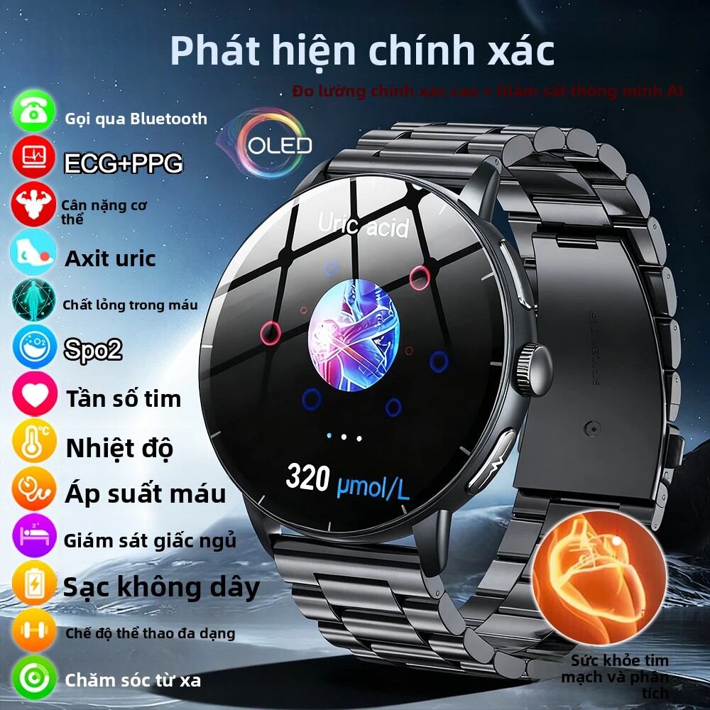 Đồng Hồ Thông Minh Trị Liệu Bằng Laser ECG+PPG, Màn Hình Kính Sapphire, Theo Dõi Nhịp Tim, Lipid Máu, Axit Uric, Chống Nước IP68 Dành Cho Nam