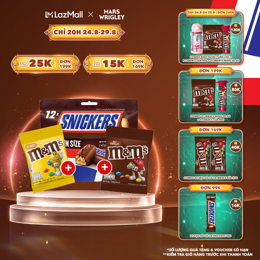 Combo hộp kẹo sô cô la m&m đậu phộng 90g, sữa 90g, snicker funsize 240g, ly sứ