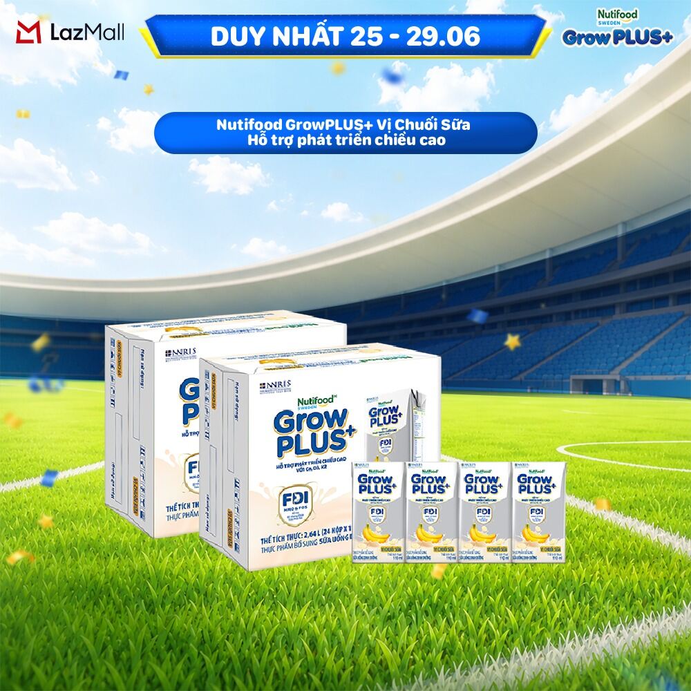Combo 2 Thùng 24 hộp Sữa bột pha sẵn Nutifood Sweden GrowPLUS+ Vị Chuối Sữa hộp 110ml - Hỗ trợ phát triển chiều cao